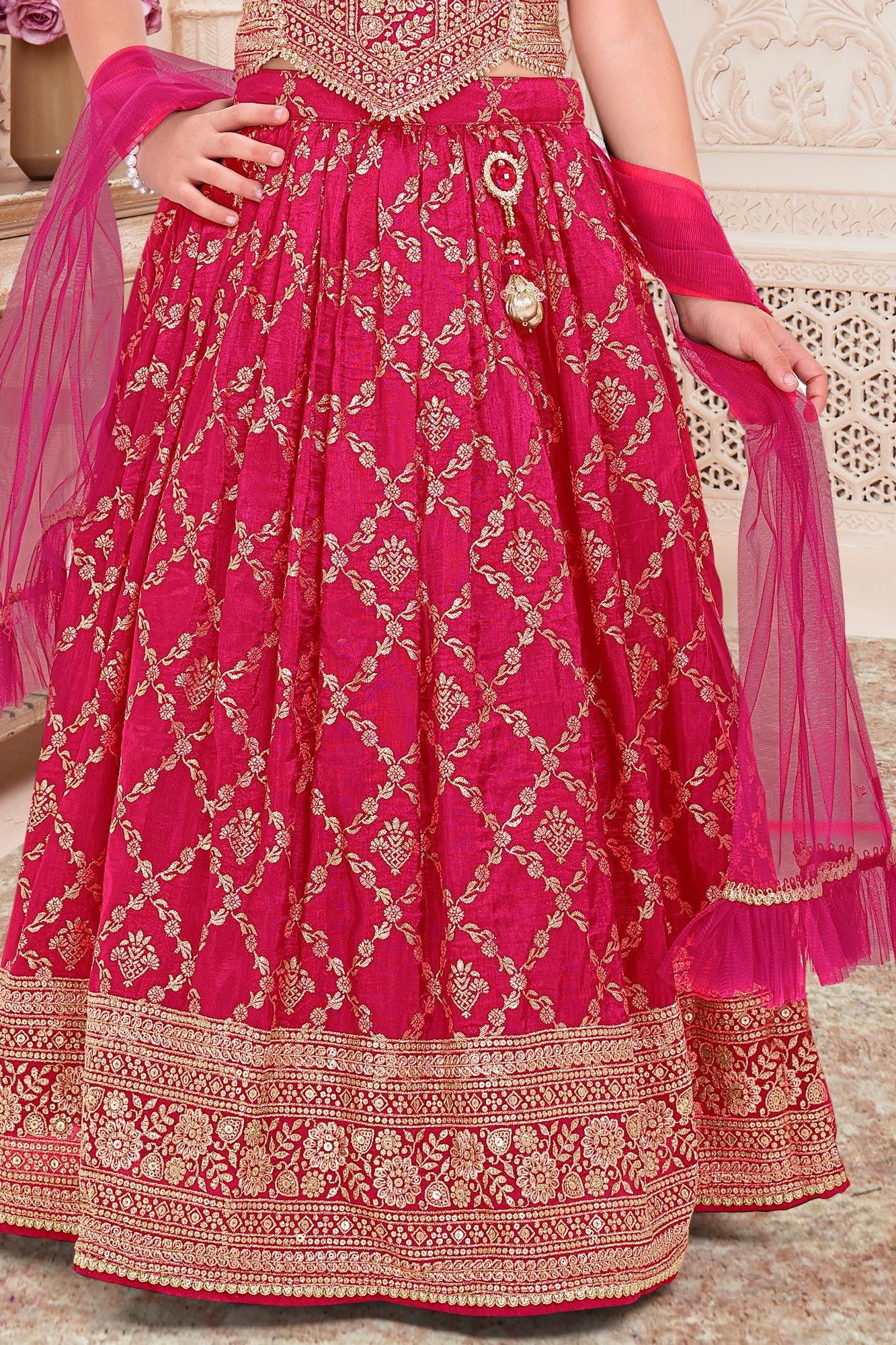 Girls Rani Pink Embroidered Lehenga Choli Set with Dupatta