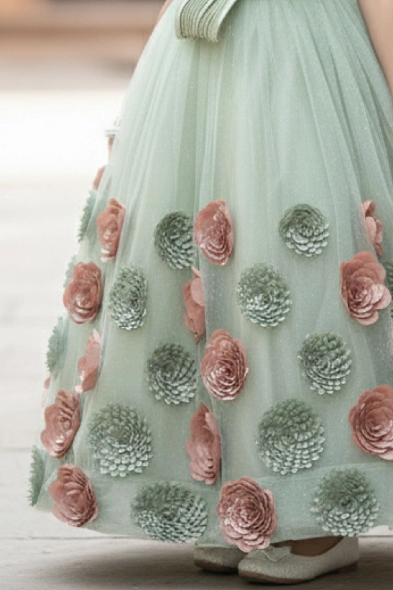 Dreamy Pastel Green & Dusty Pink 3D Floral Embellished Party Gown For Girls