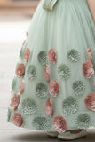 Dreamy Pastel Green & Dusty Pink 3D Floral Embellished Party Gown For Girls