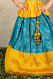 Yellow And Blue Banarasi Silk Pattu Lehenga Choli Set For Girls
