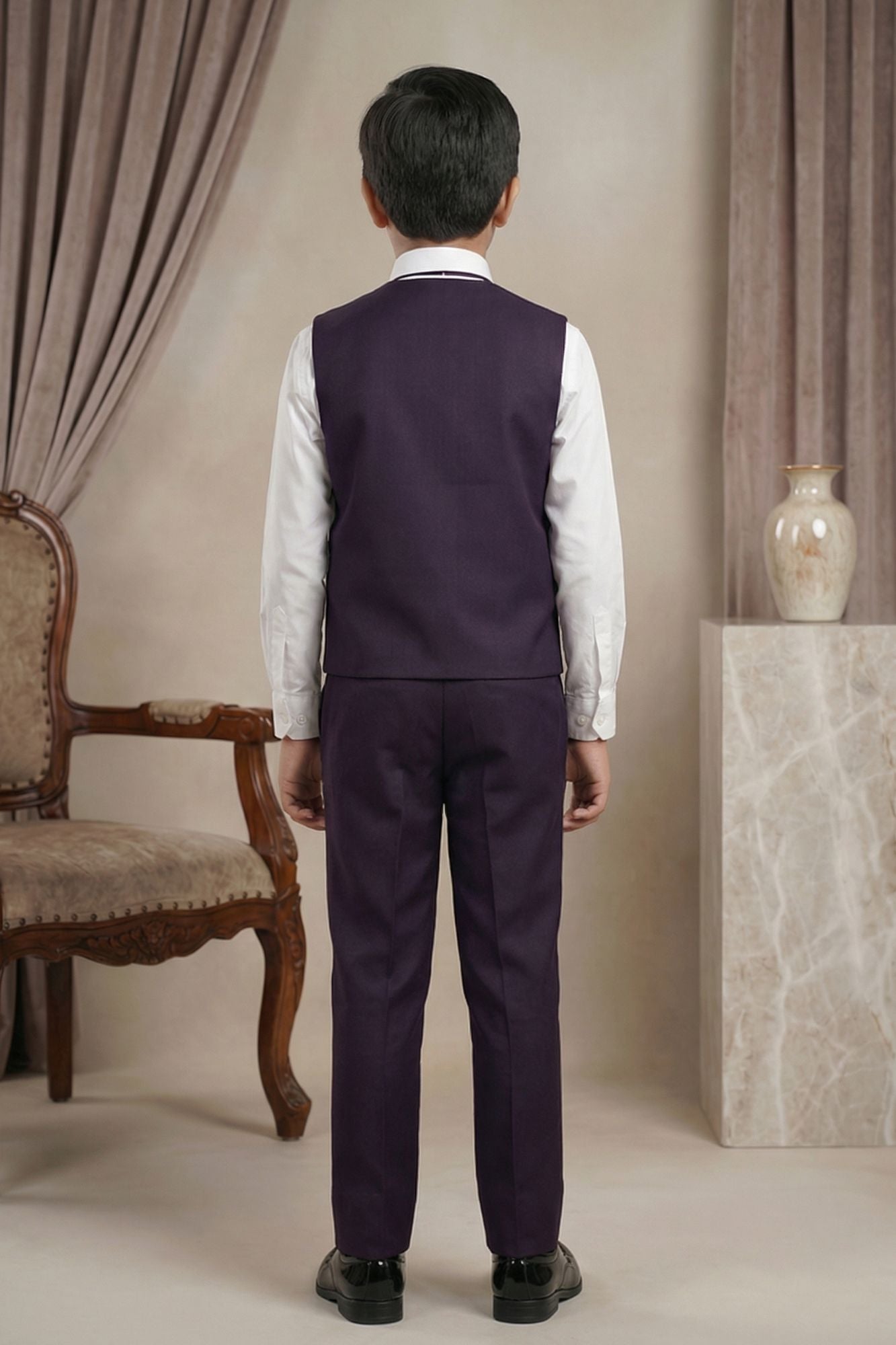 Purple Embroidered 5-Piece Suit Set For Boys