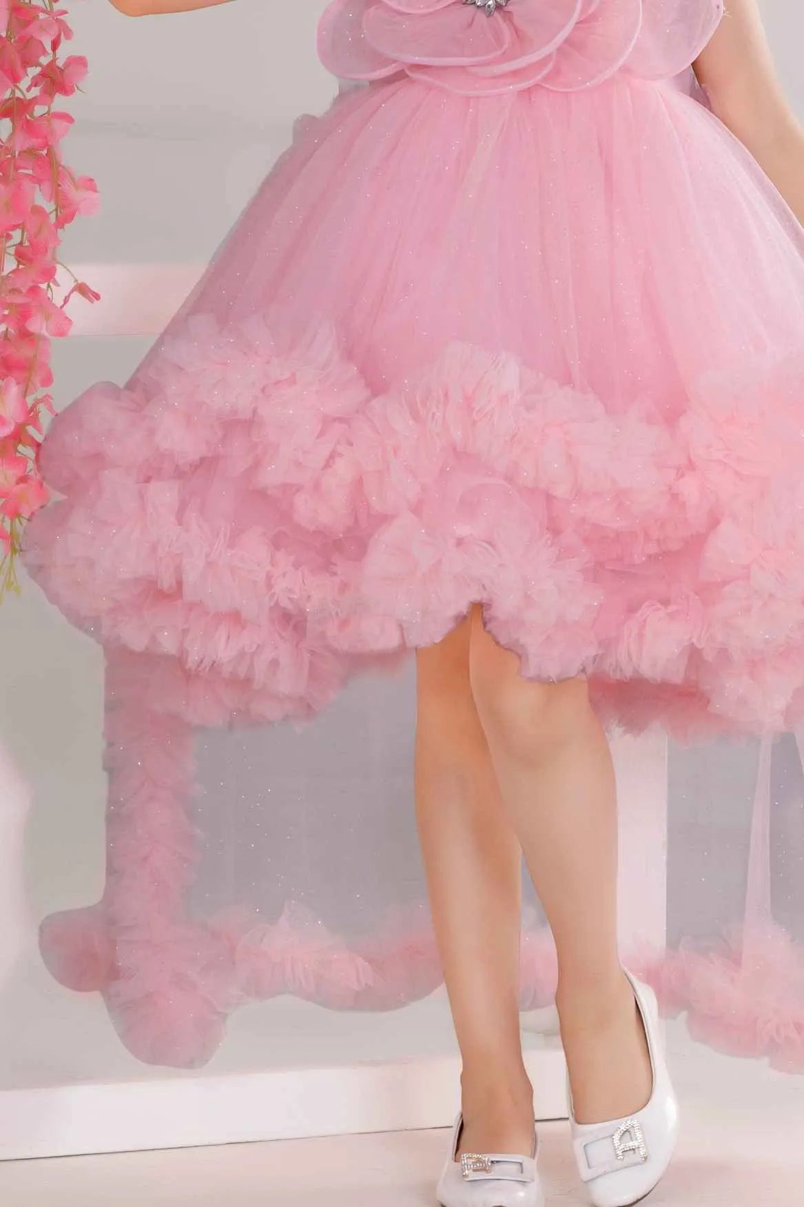 Pink High-Low Party Frock With 3D Floral Appliqué For Girls