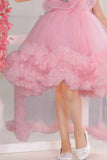 Pink High-Low Party Frock With 3D Floral Appliqué For Girls
