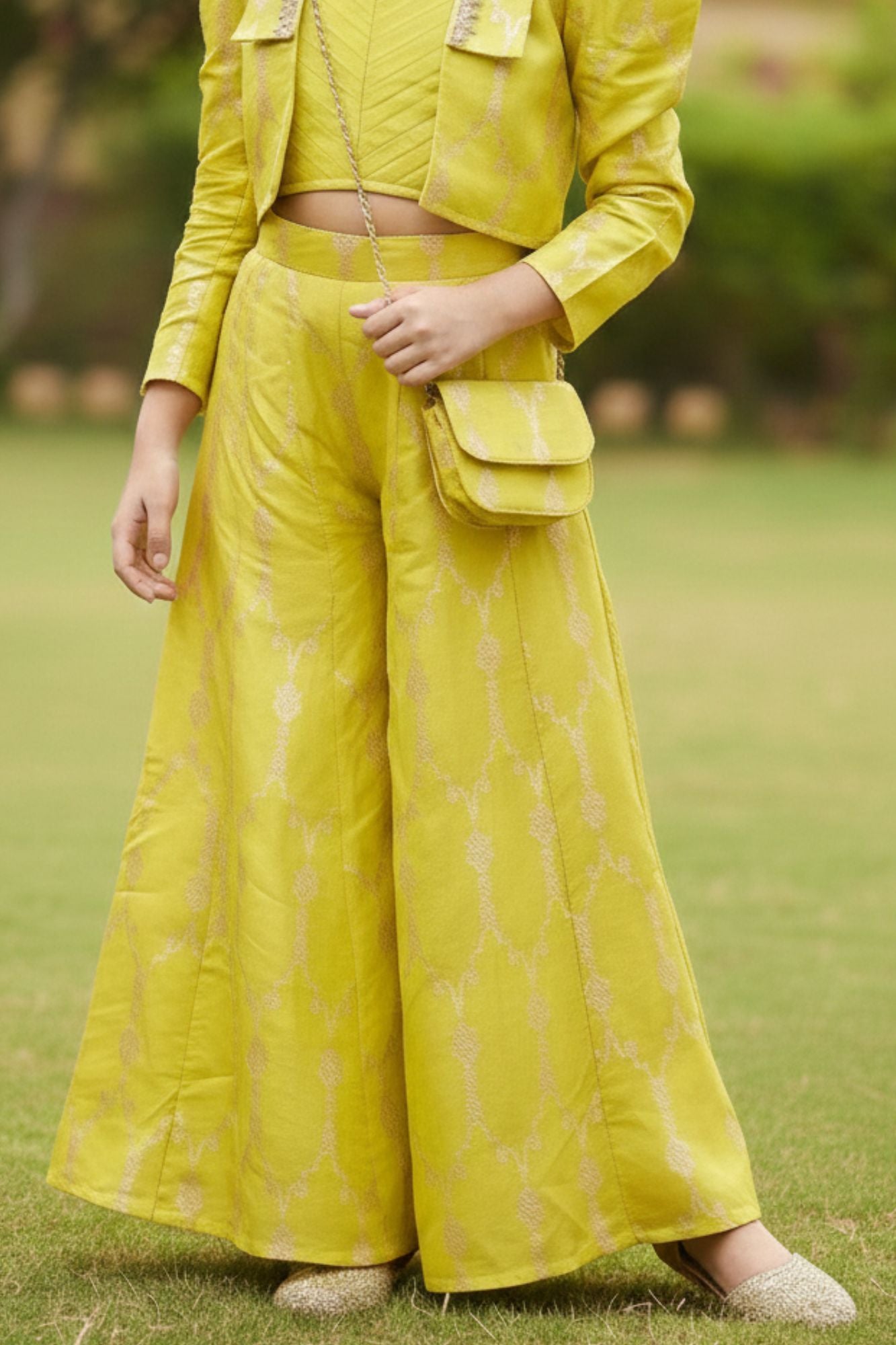 Lime Yellow Embroidered Top And Palazzo Set With Jacket For Girls