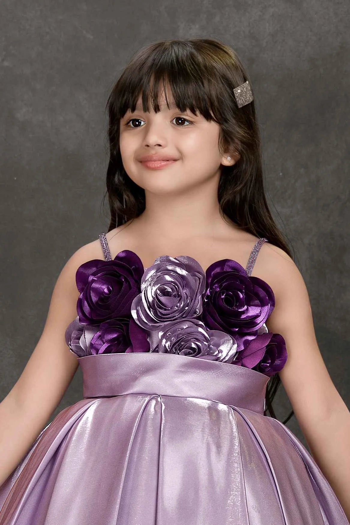 Lavender High-Low Party Frock with 3D Floral Bodice For Girls
