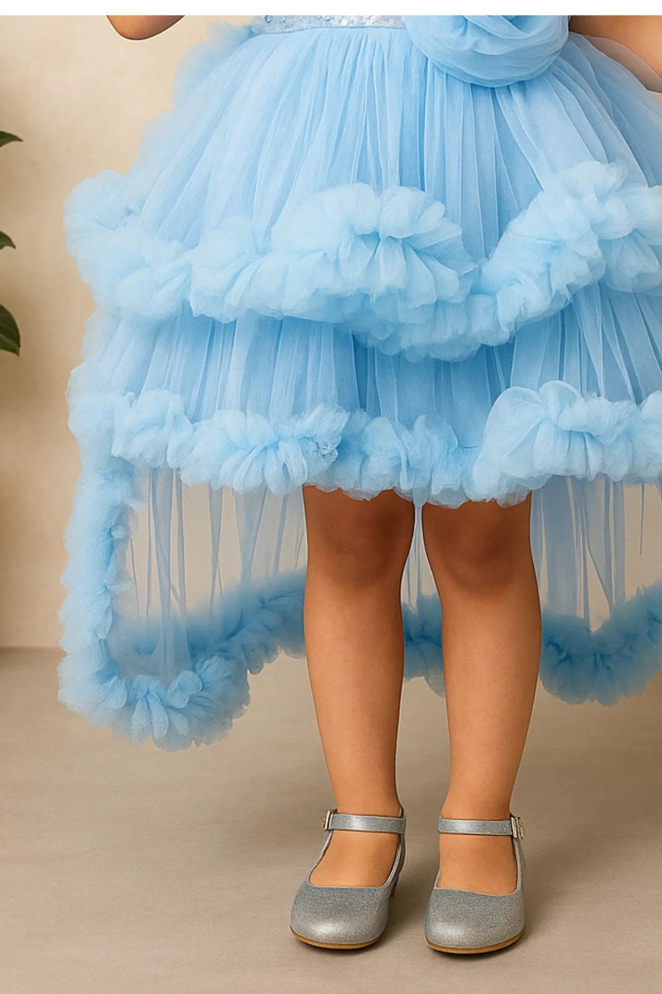 Sky Blue Layered Ruffled With Sequins Party Frock For Girls