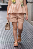 Girls Peach Peplum Top And Shorts Co-Ord Set with Floral Applique