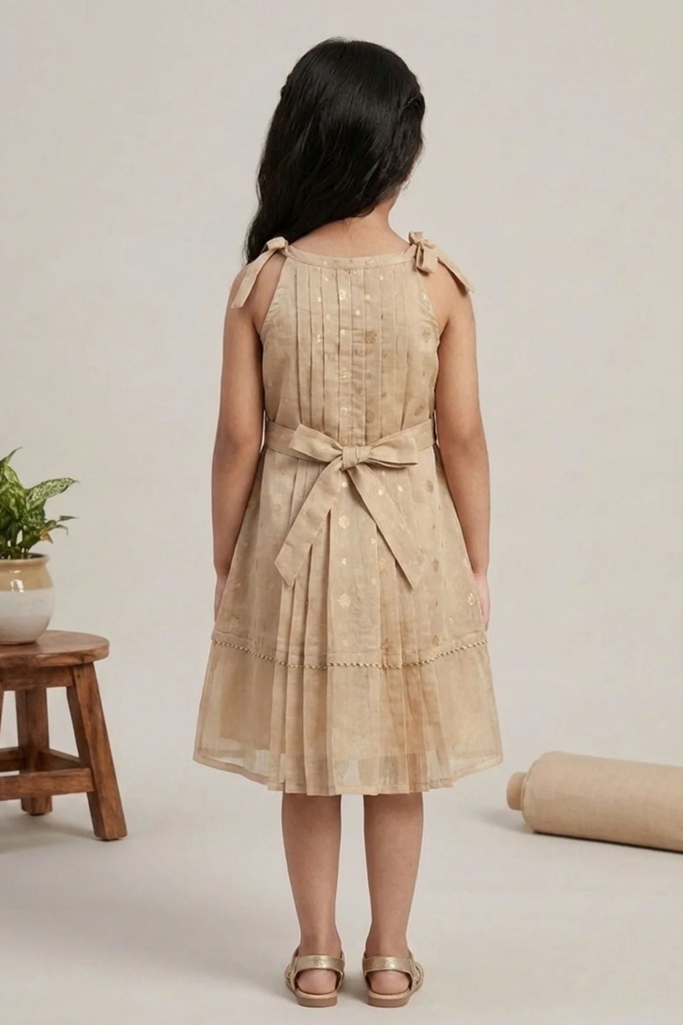 Girls Beige Sleeveless Dress with Pintuck Pleats