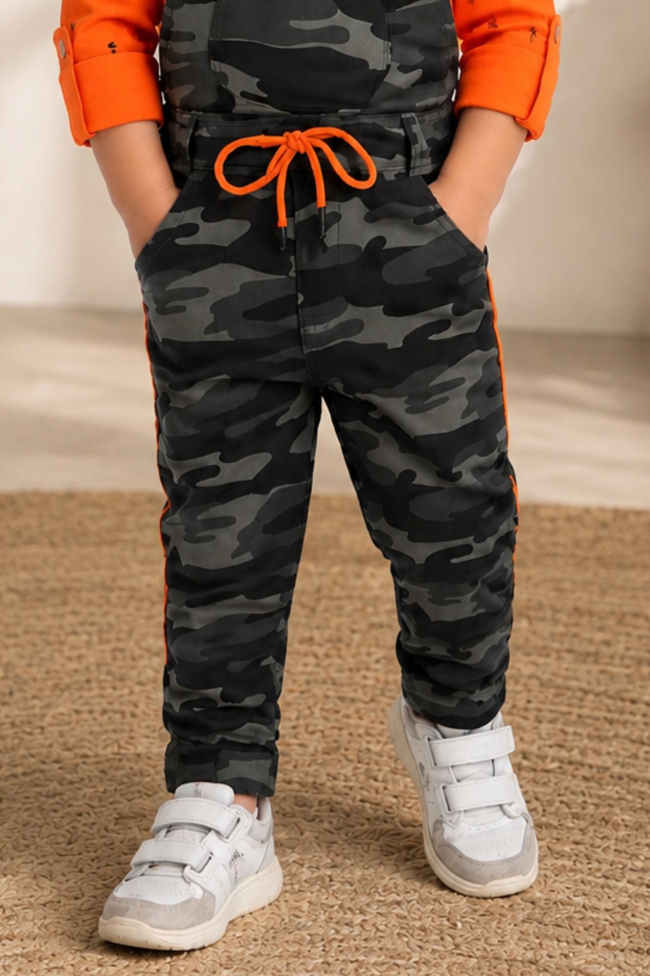 Orange T-Shirt with Camouflage Dungaree Set