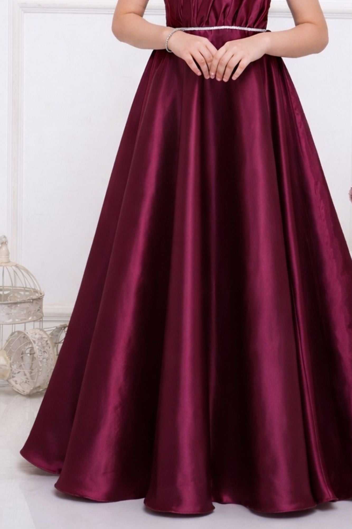 Wine One-Shoulder Embellished Party Gown For Girls