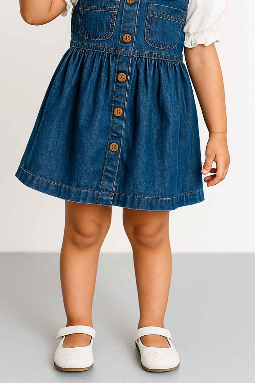 Classic Blue Denim Frock With Puff Sleeve Blouse For Girls
