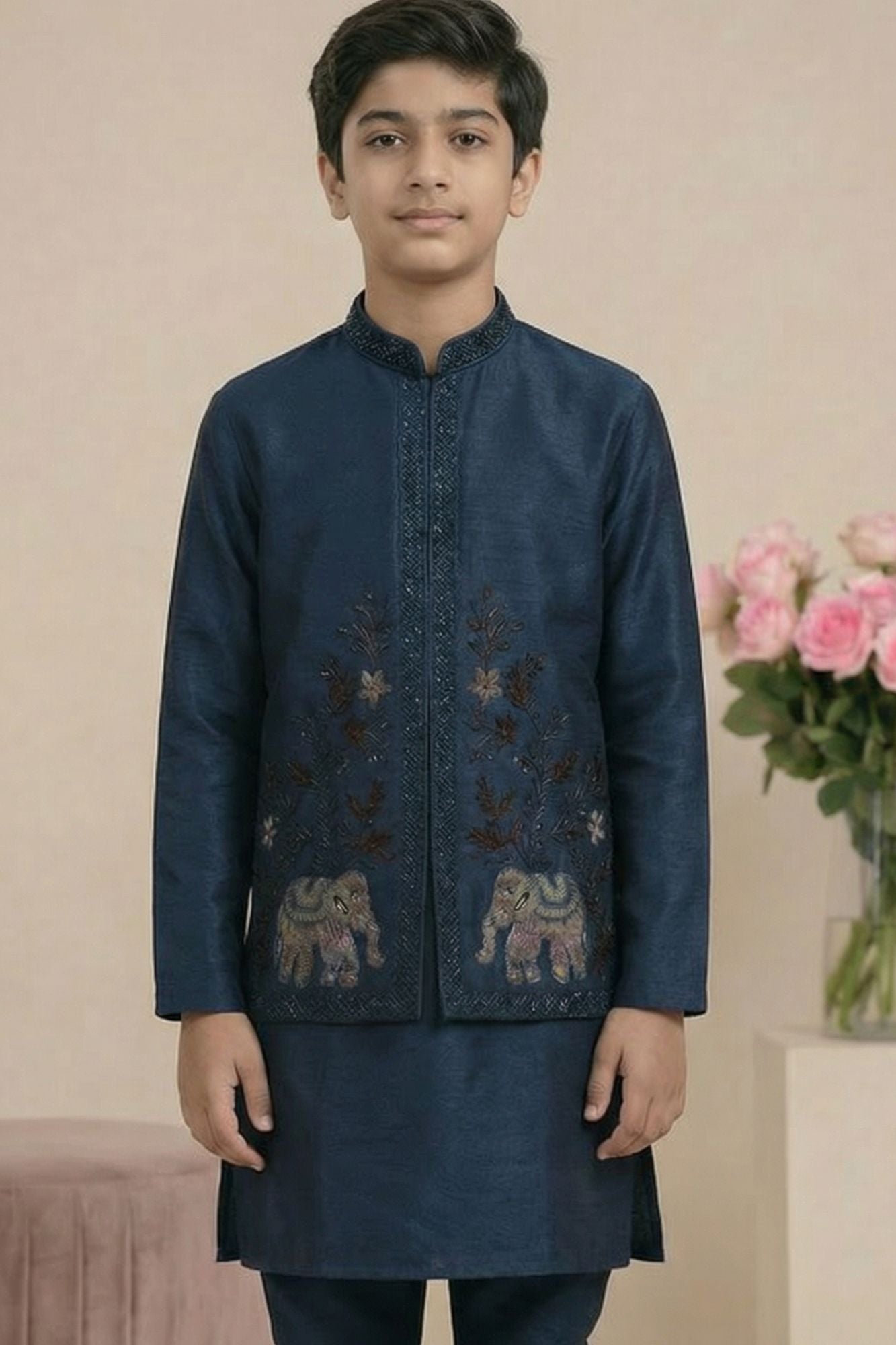 Navy Blue Elephant Embroidered Jacket Kurta Set For Boys