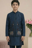 Navy Blue Elephant Embroidered Jacket Kurta Set For Boys