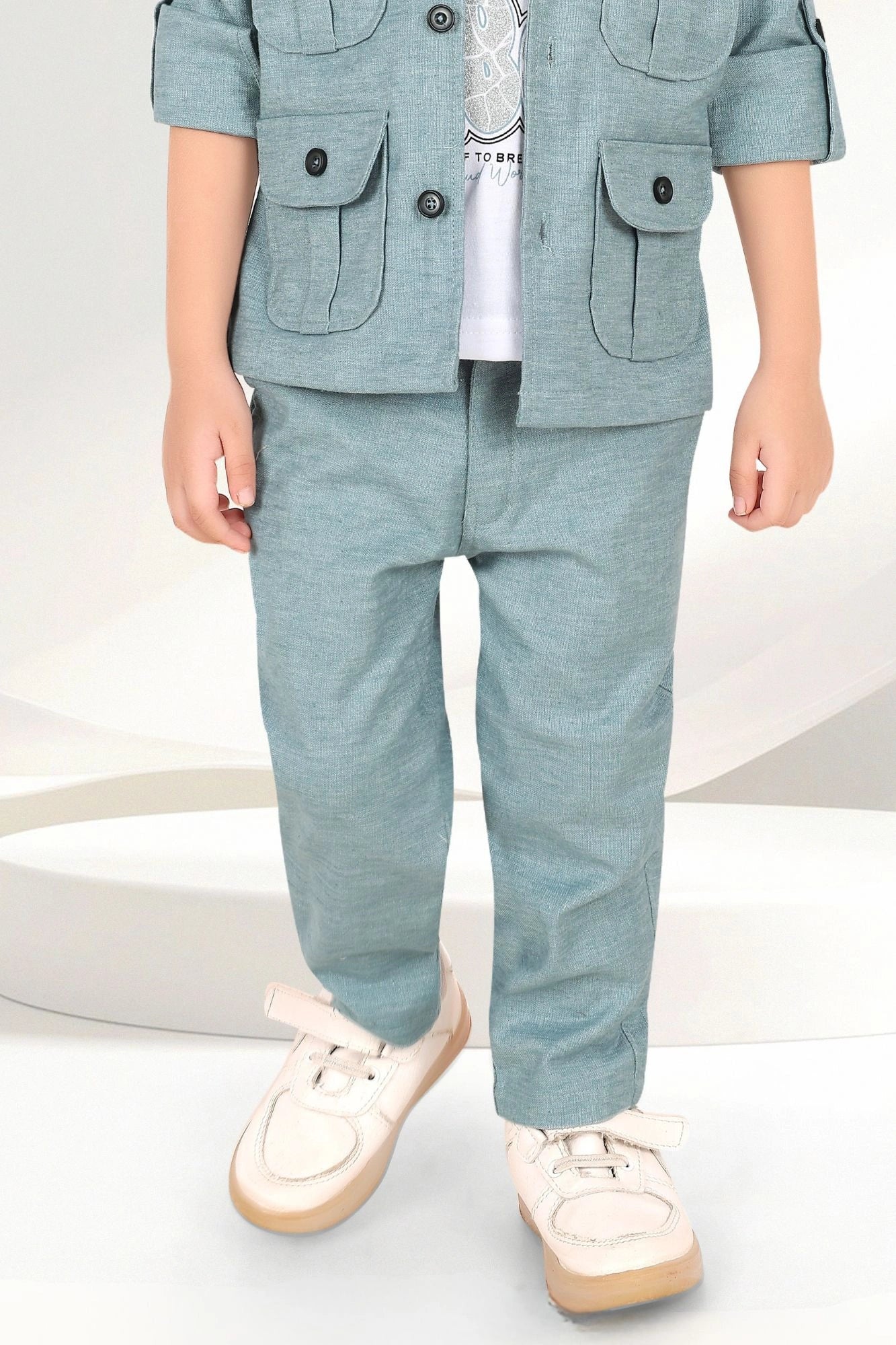 Stylish Sea Green Co-ord Set with Printed T-Shirt and Utility Jacket For Boys