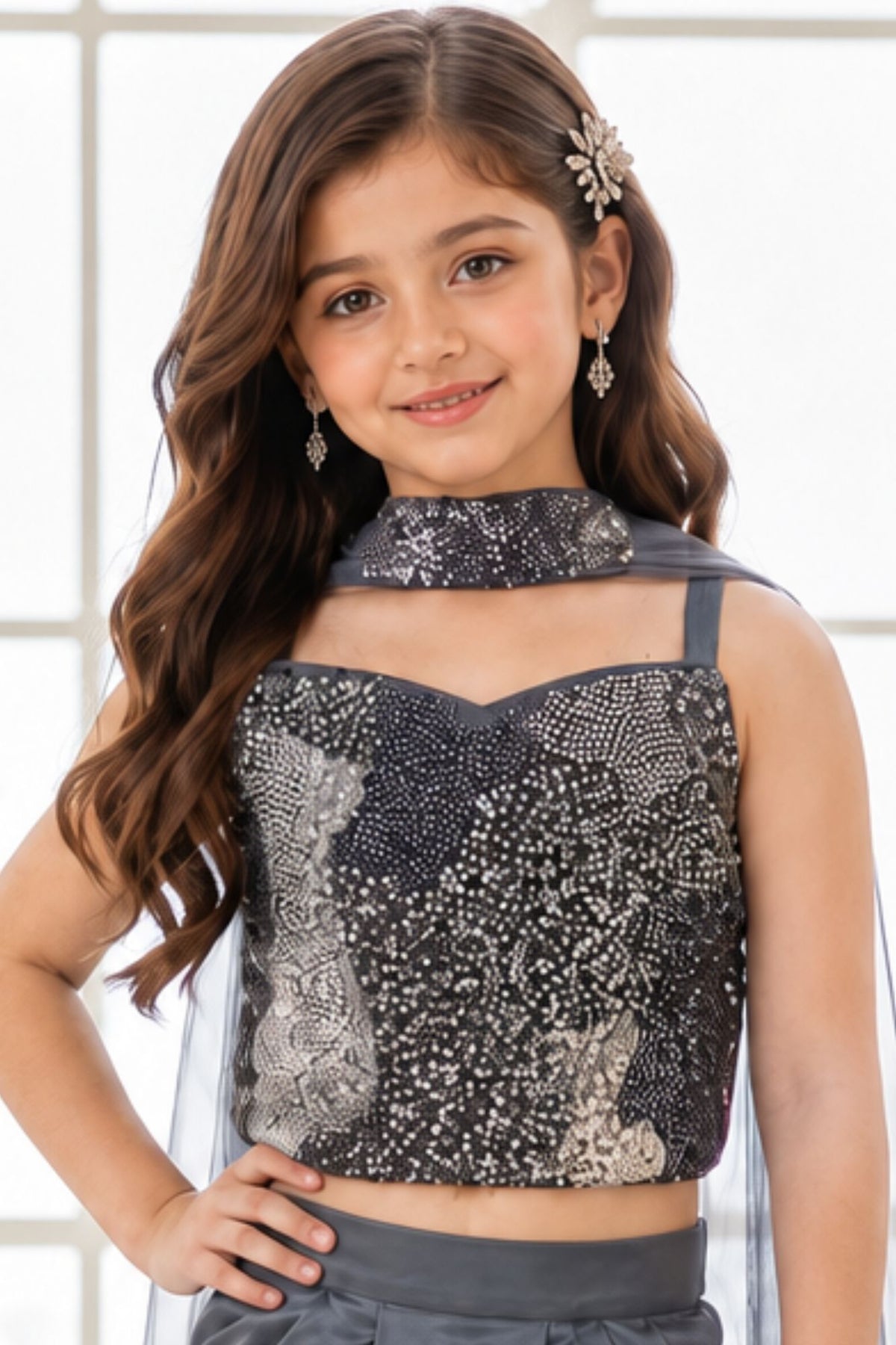 Grey Sequin Embellished Lehenga Set For Girls
