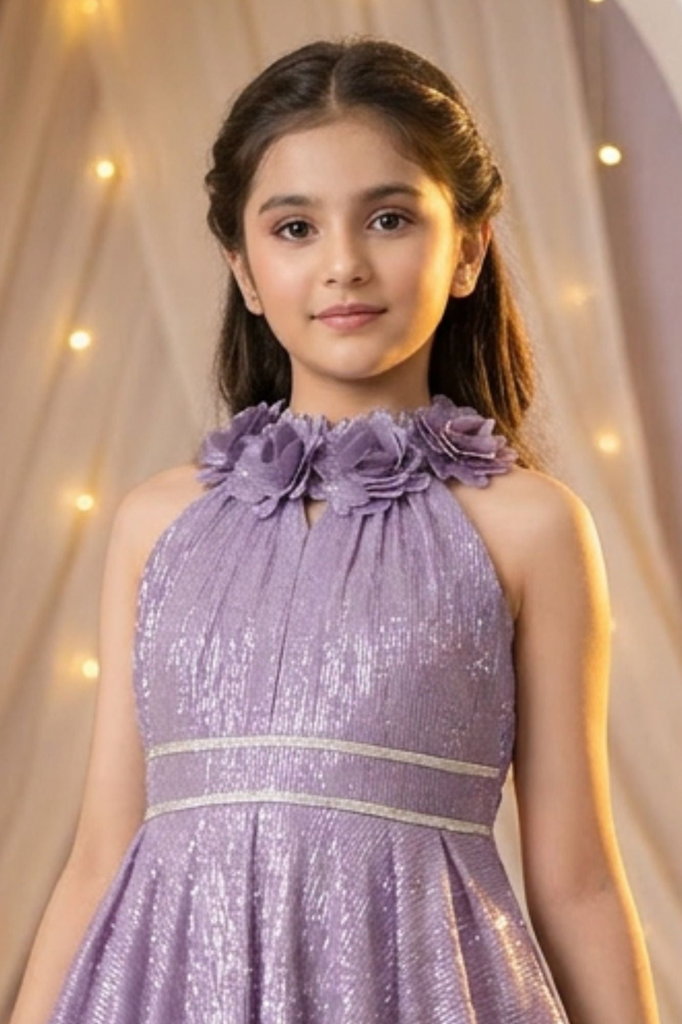 Lavender High-Neck Floral Emblished Party Gown for Girls