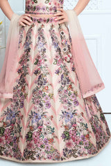 Pink Sleeveless And Floral Printed With Mirror Work Lehenga Choli Set For Girls