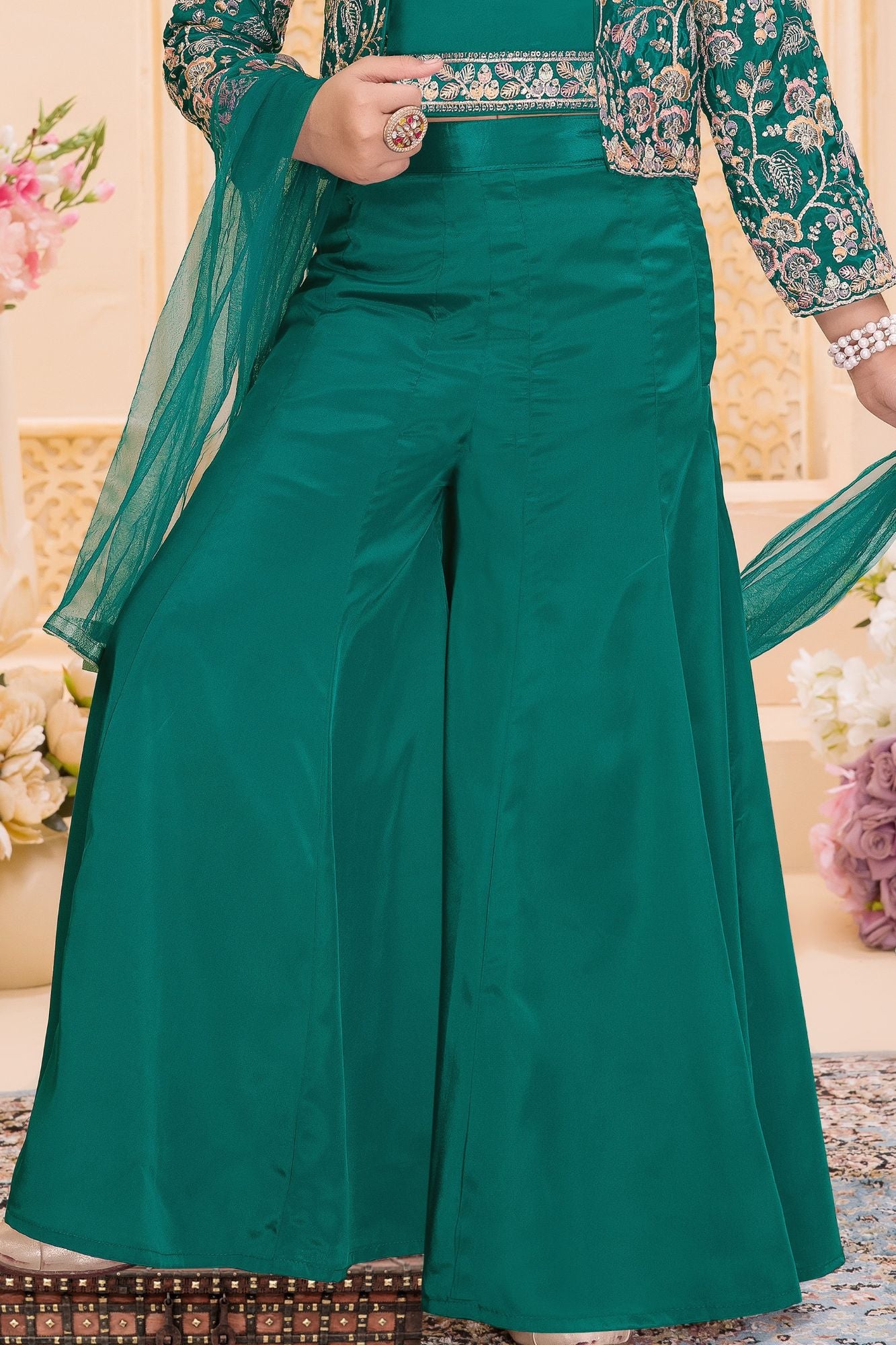 Teal Green Embroidered 3-Piece Palazzo Set for Girls