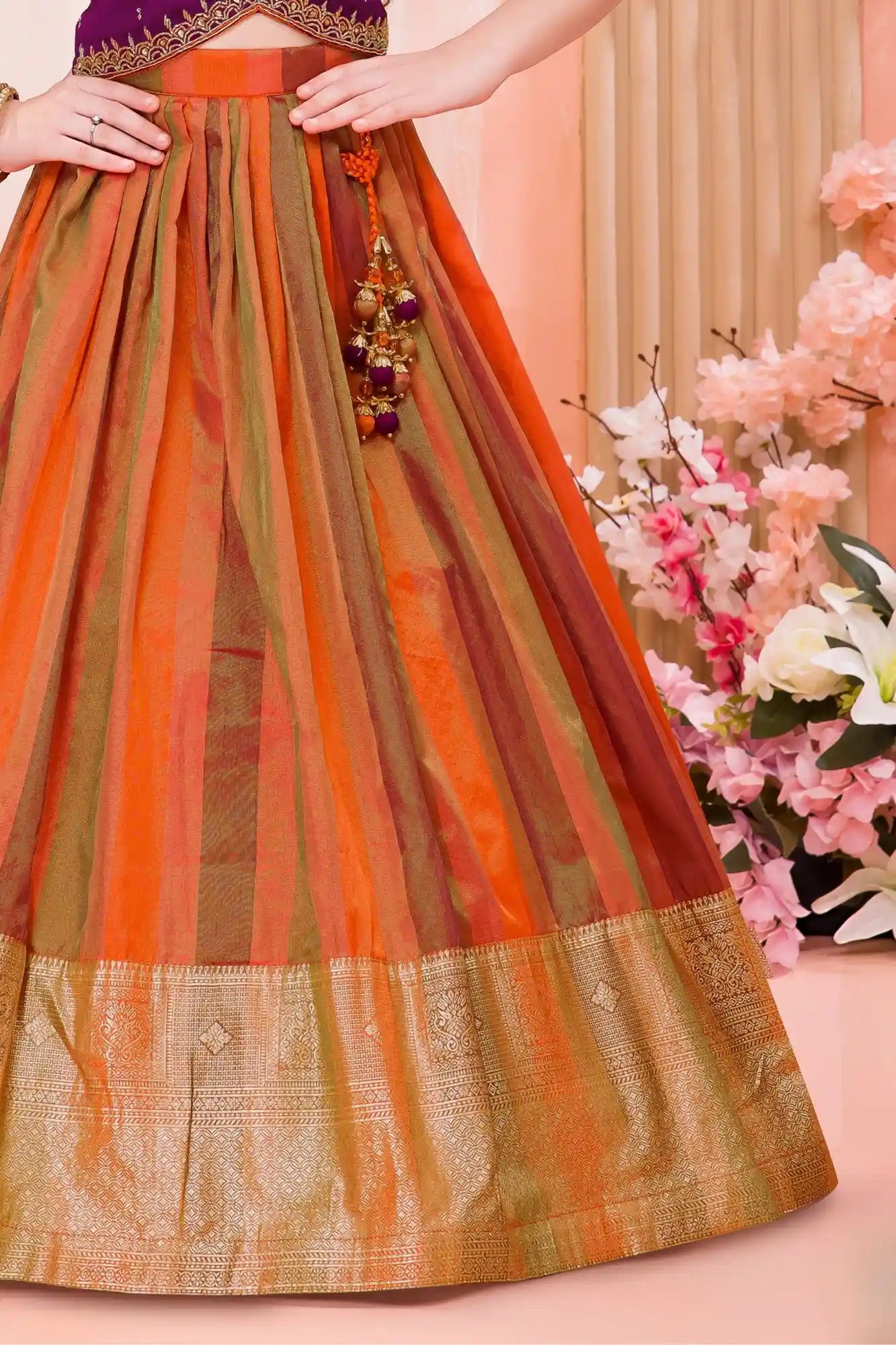 Purple And Rust Silk Pattu Pavadai with Puff Sleeves For Girls