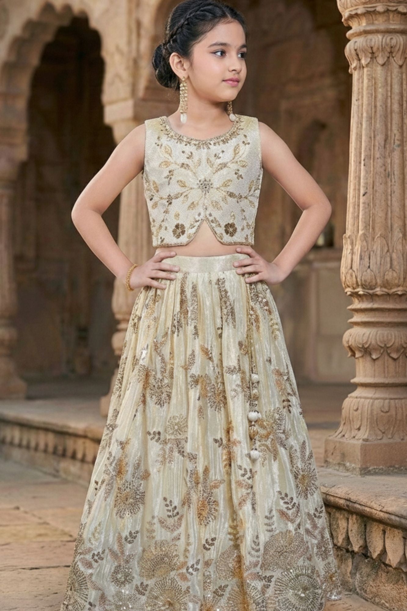 Cream And Gold Embroidered Lehenga Choli Set with Floral Motifs For Girls