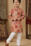 Peach Floral Printed Kurta Set With Pajama For Boys
