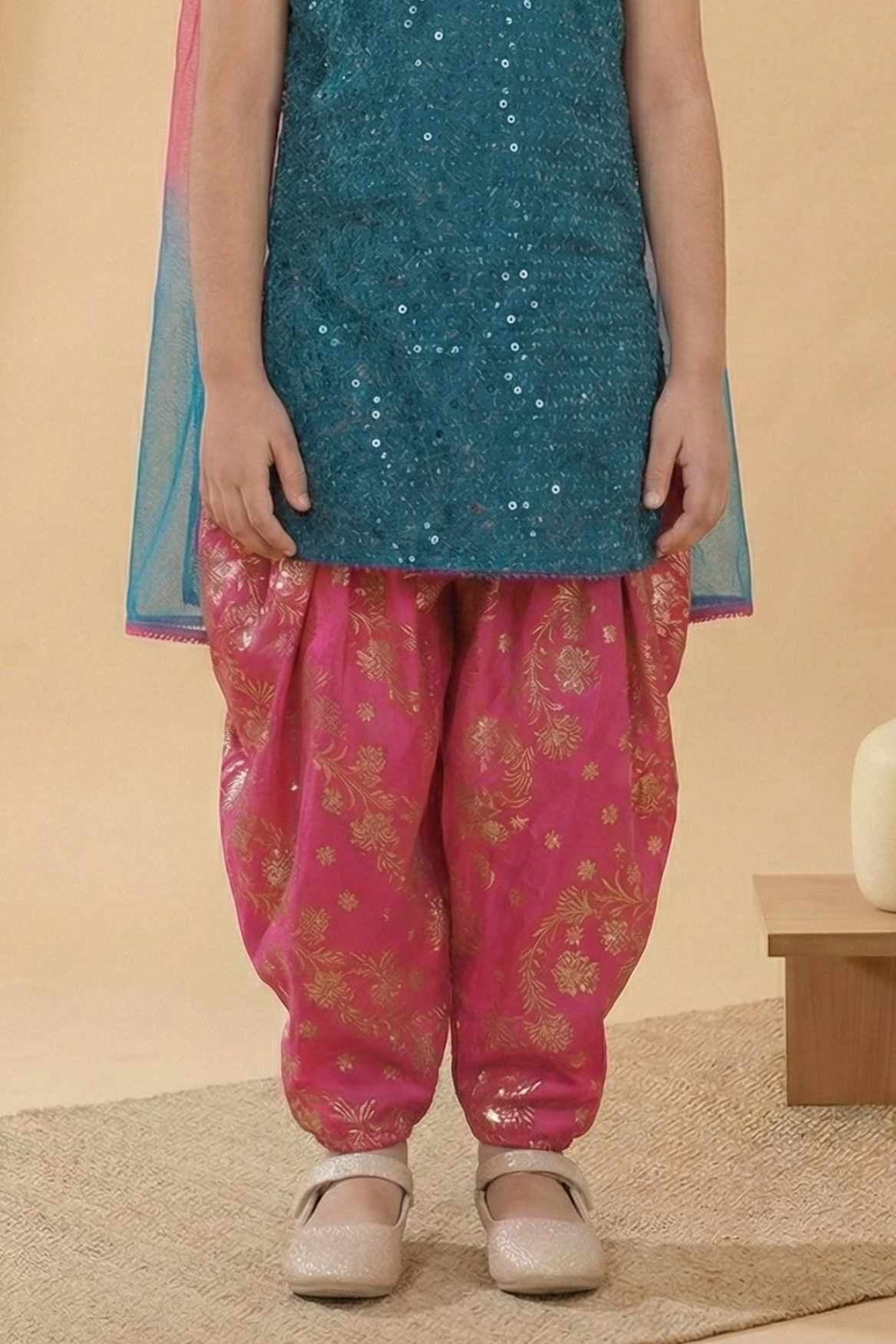 Teal Blue & Pink Seqiuns Embroidered Patiala Set with Dupatta For Girls