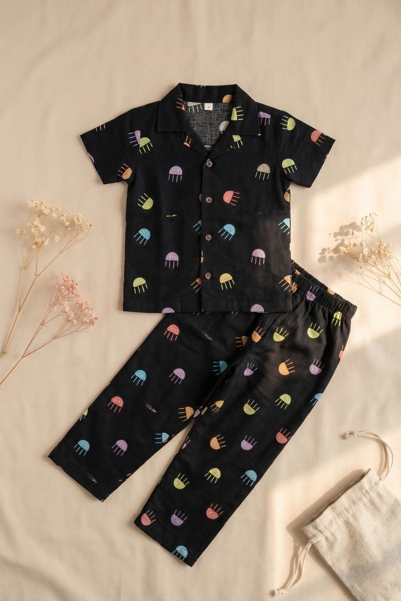 Black Jellyfish Print Night Suit Set For Boys