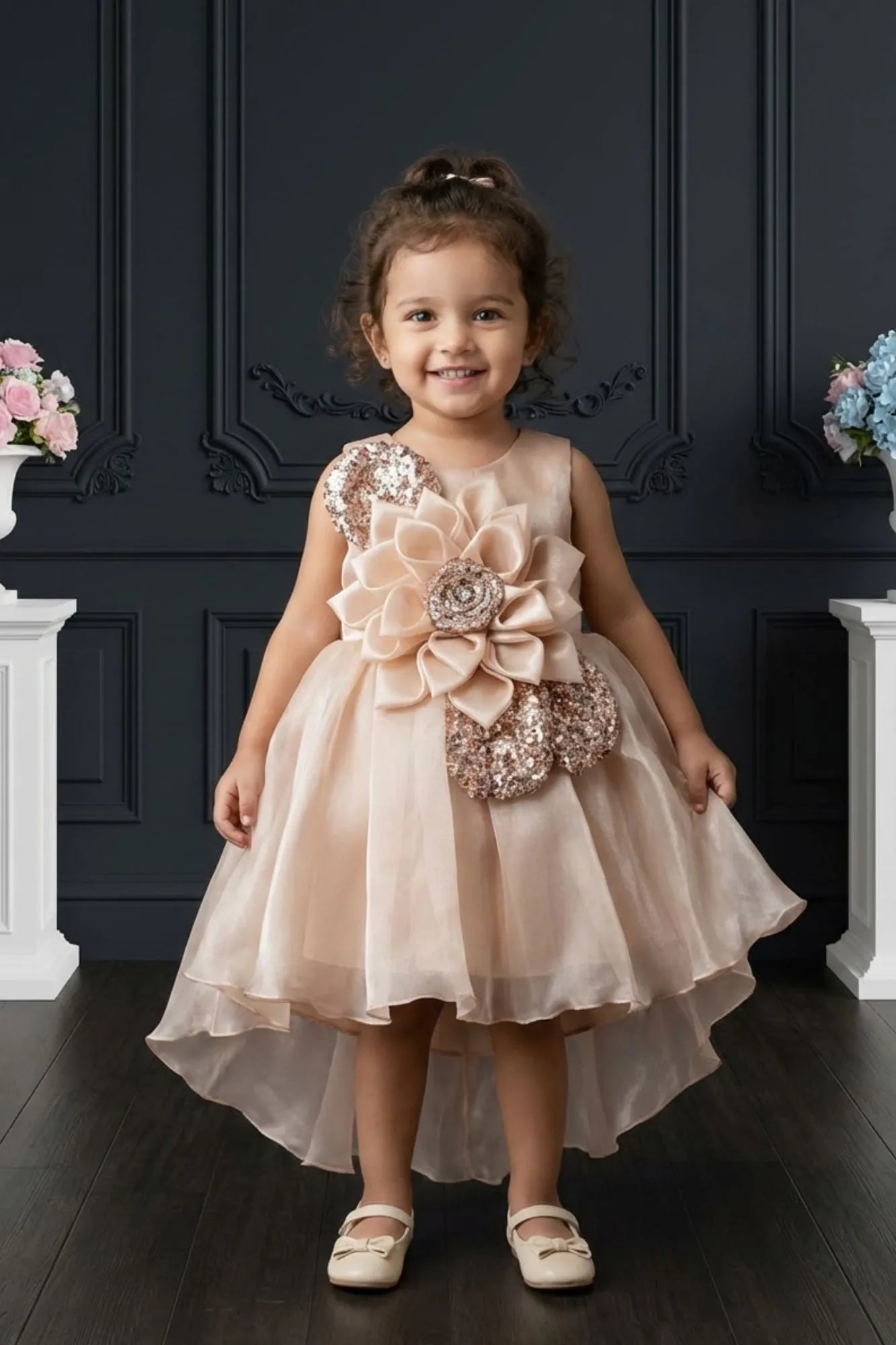 Champagne Blue Floral Party Wear Frock For Baby Girls