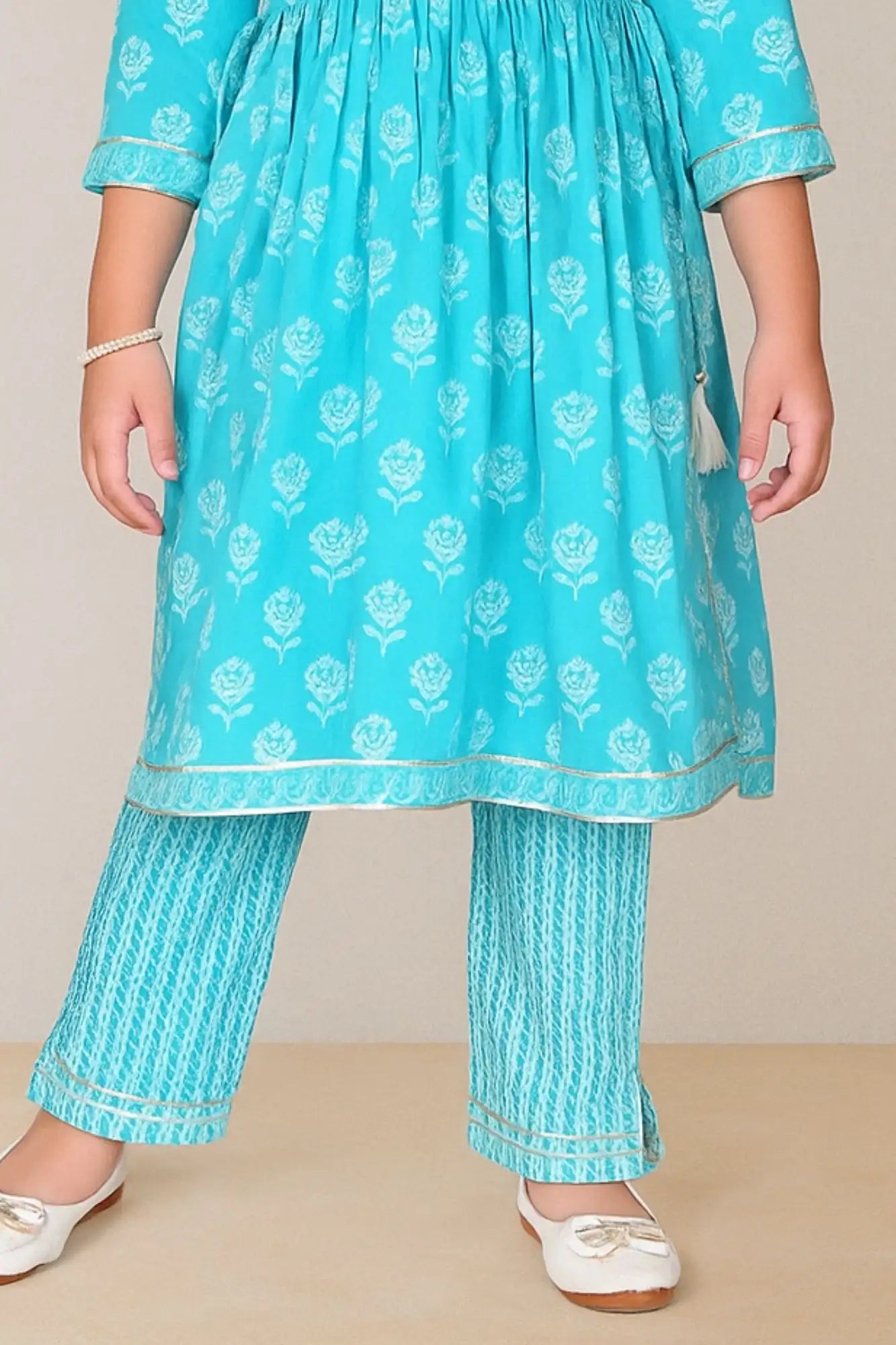 Sky Blue Printed Kurta Set with Tassel Detail For Girls