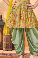 Mustard Floral Printed And Sequin Top With Dhoti Bottom Set For Girls