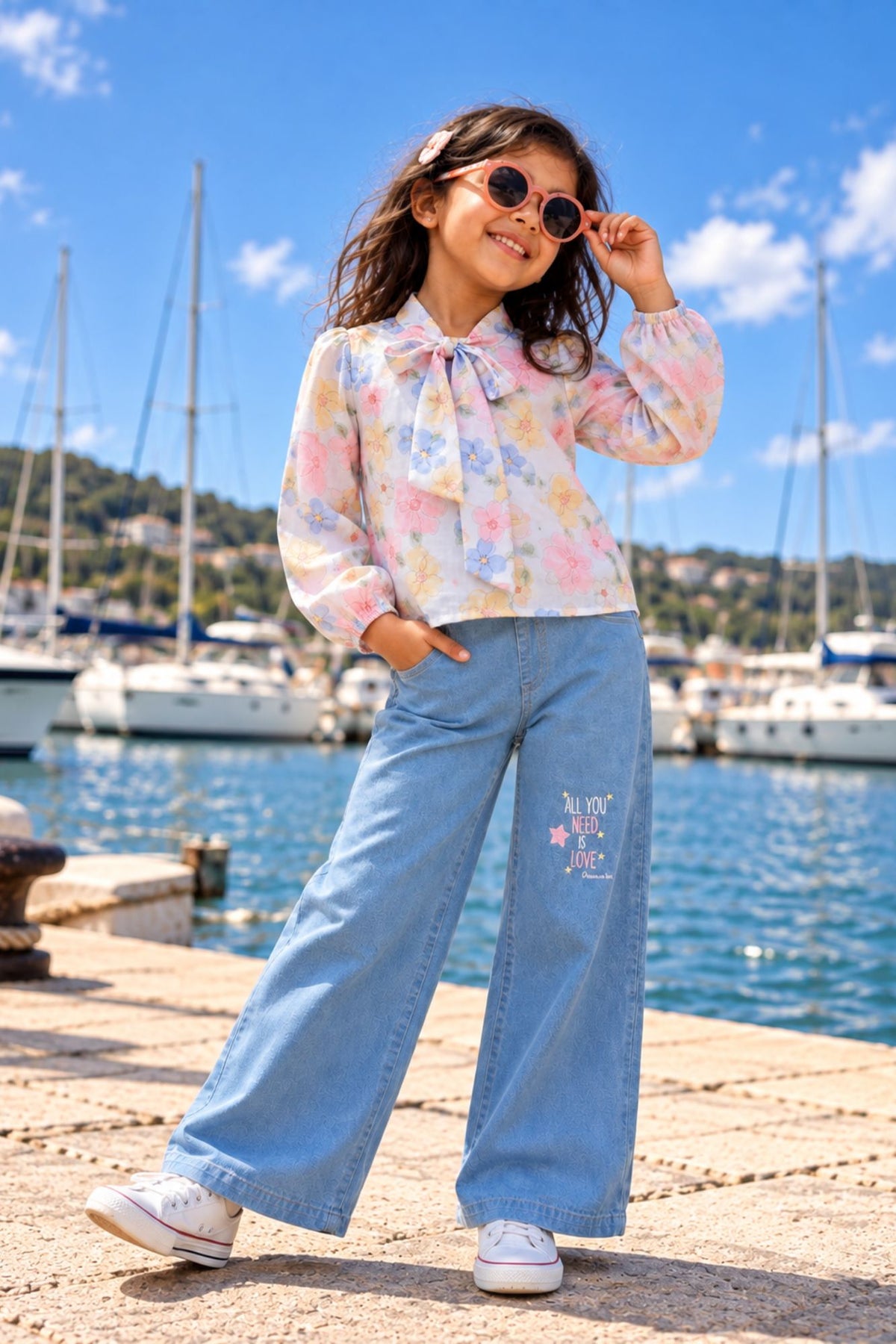Floral Top with Wide-Leg Denim Jeans Set For Girls