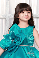 Teal Blue Party Frock With Big Flower and Butterfly Design For Girls