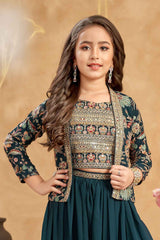 Teal Blue Sequins Worked And Embroidered Palazzo Set With Overcoat For Girls