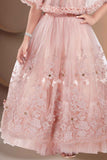 Pink Sequin Net Party Wear Gown With Ruffled Cape For Girls