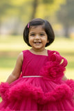 Pink Party Frock with Floral Embellished & Ruffle Layers with Tailback For Girls