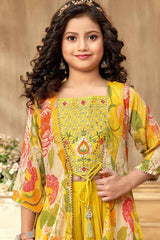 Mustard Printed And Mirror Work With Overcoat Palazzo Set For Girls