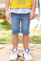 Yellow V-Neck Tee And Denim Shorts With White Shirt Set For Boys