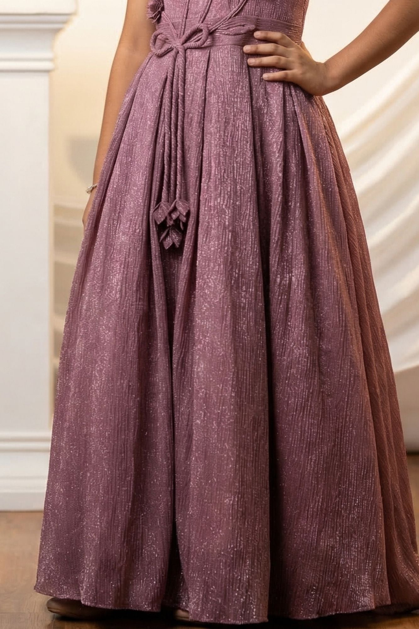 Mauve Shimmer Party Wear Gown with 3D Floral Appliqué For Girls