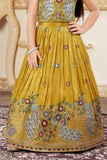 Yellow Embroidered  Lehenga Choli with Regal Peacock Motifs For Girls