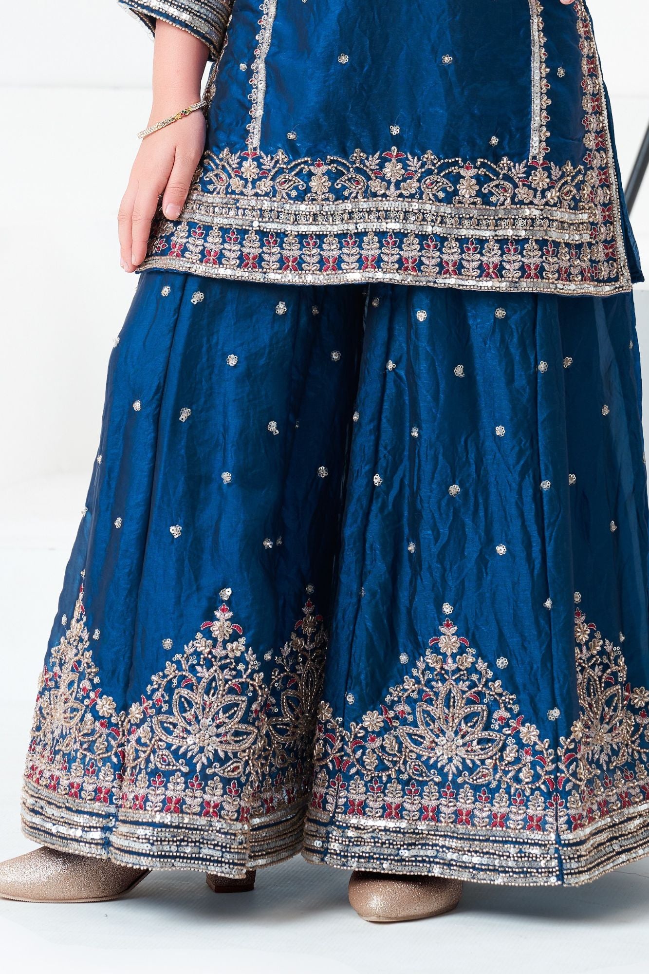Blue Embroidered Kurti with Flared Palazzo Set For Girls