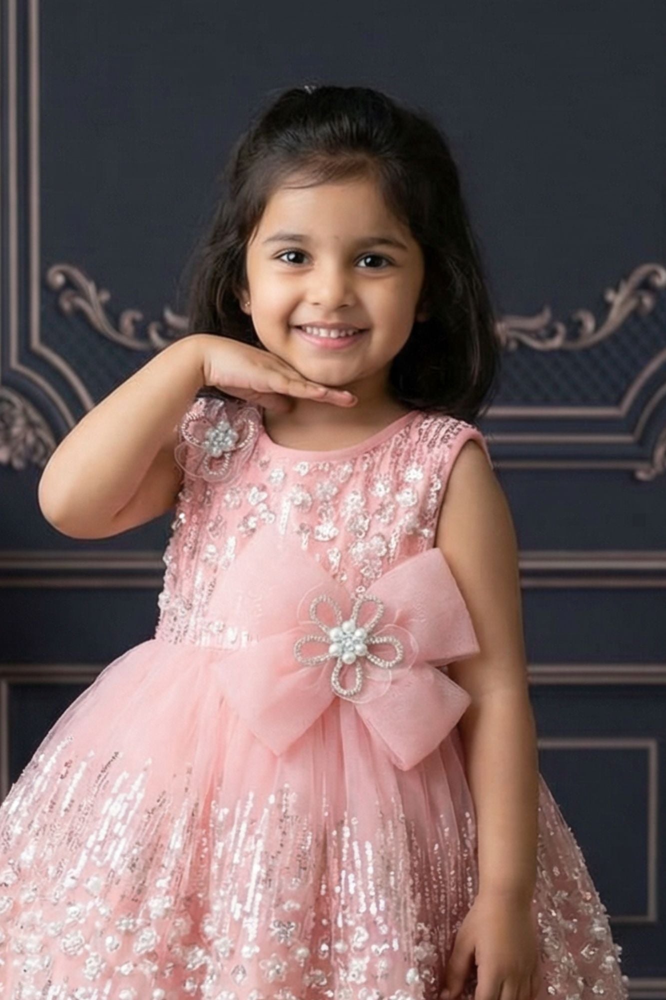 Blush Pink Sequin Embellished Bow Party Wear Frock For Girls