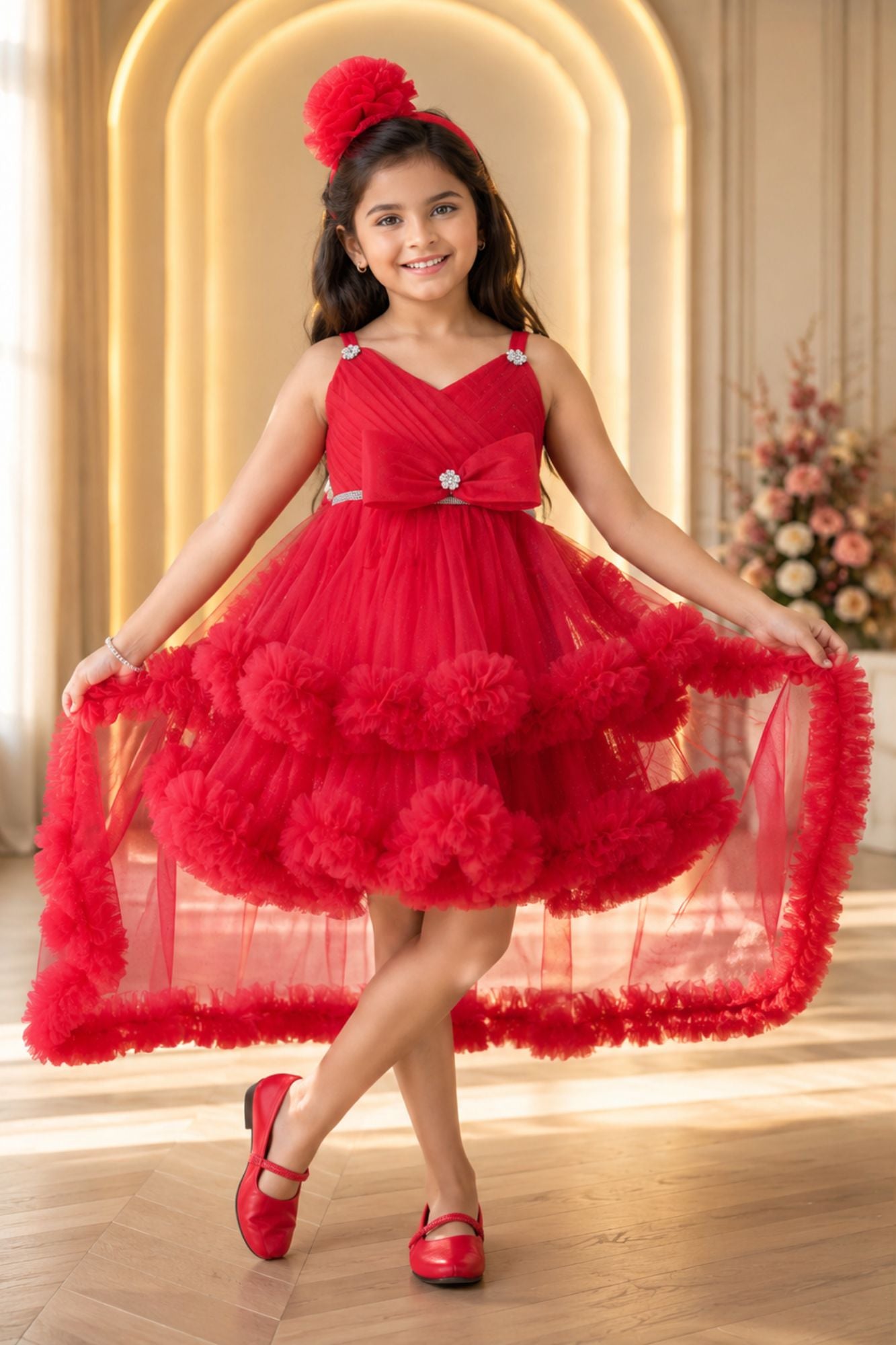 Rani Pink High-Low Party Wear Tulle Frock with Bow Detail For Girls