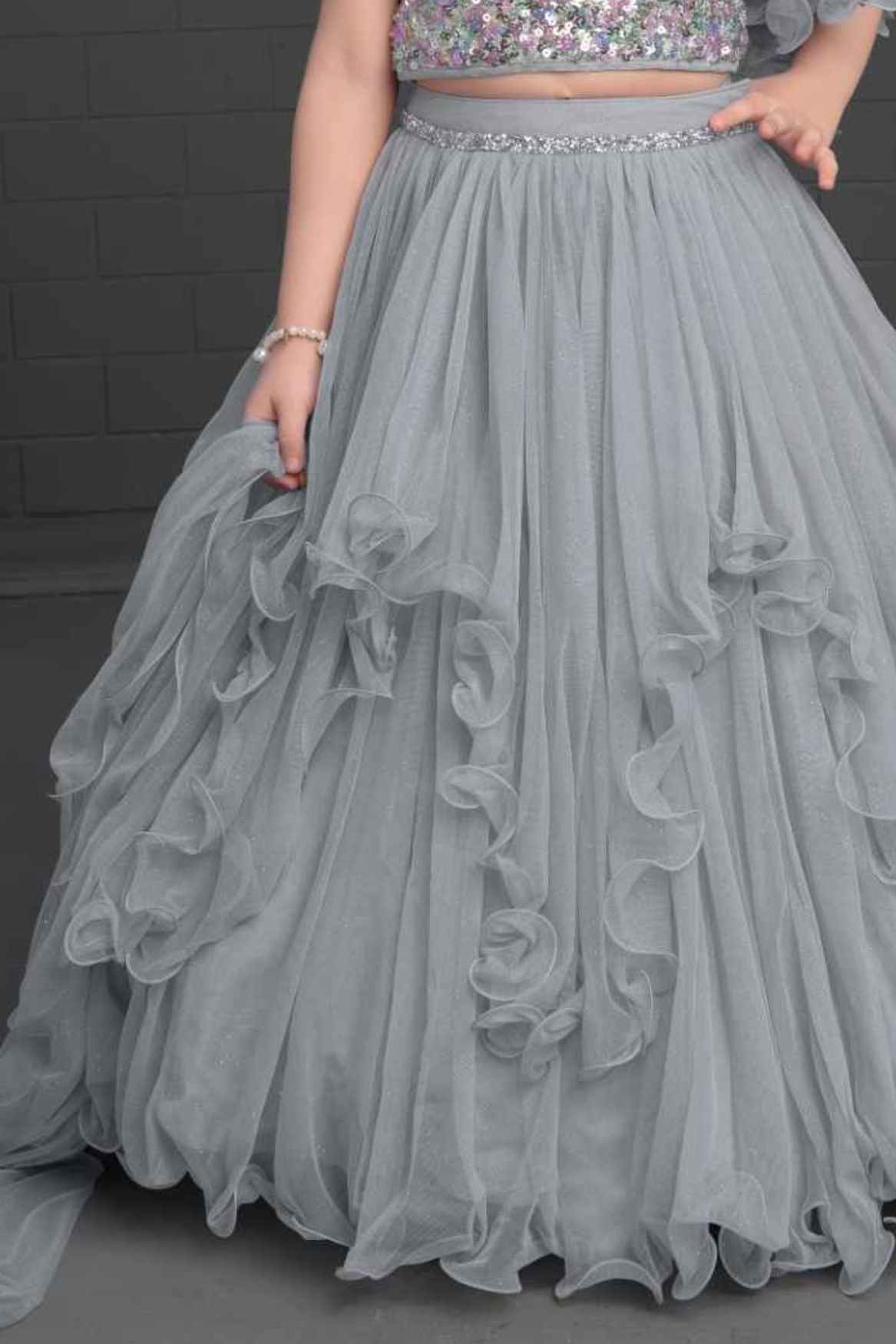 Grey Sequin Ghagra-Choli Set With Asymmetric Ruffled Sleeves For Girls