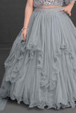 Grey Sequin Ghagra-Choli Set With Asymmetric Ruffled Sleeves For Girls