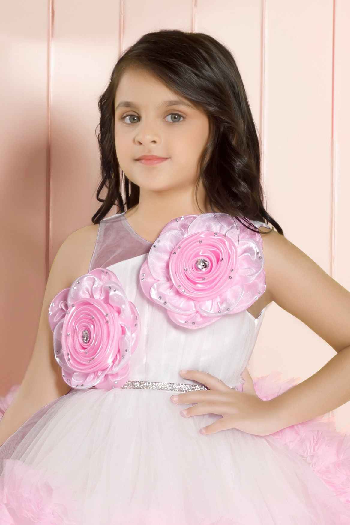 White And Pink Layered Party Frock With 3D Floral Embellished For Girls