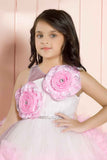 White And Pink Layered Party Frock With 3D Floral Embellished For Girls