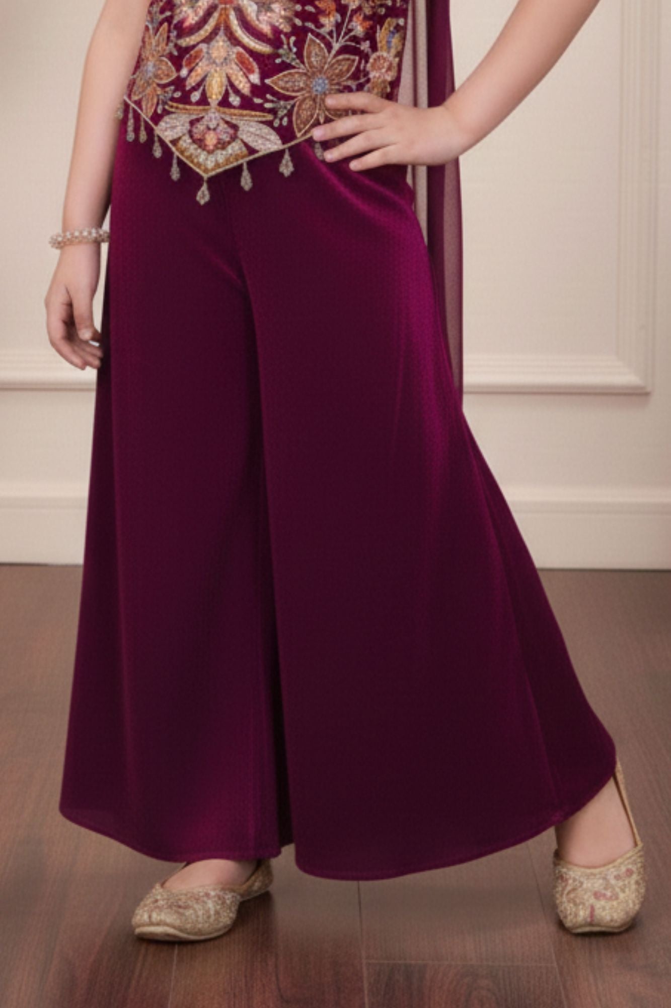 Wine Embroidered Palazzo Set For Girls