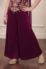 Wine Embroidered Palazzo Set For Girls