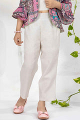 Pink Floral Printed Overcoat And Cream Crop Top With Pant Set For Girls