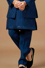 Teal Blue Sherwani Set With Sequin Embroidery For Boys